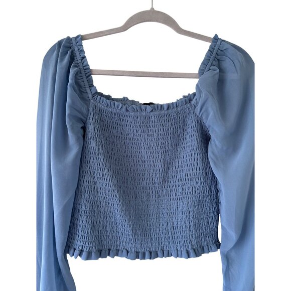 1.State Womens Blue Smocked Crop Top With Puff Sleeves - Small Lightweight - Picture 3 of 14